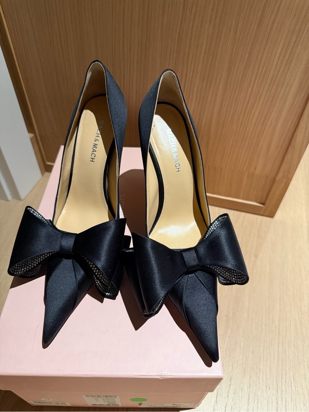 MACH & MACH Black Satin Pointed-Toe Pumps with Bow
